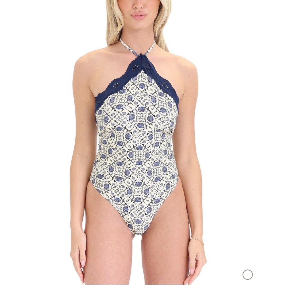 WeWoreWhat Navy and Cream Patterned Halter One-Piece Swimsuit